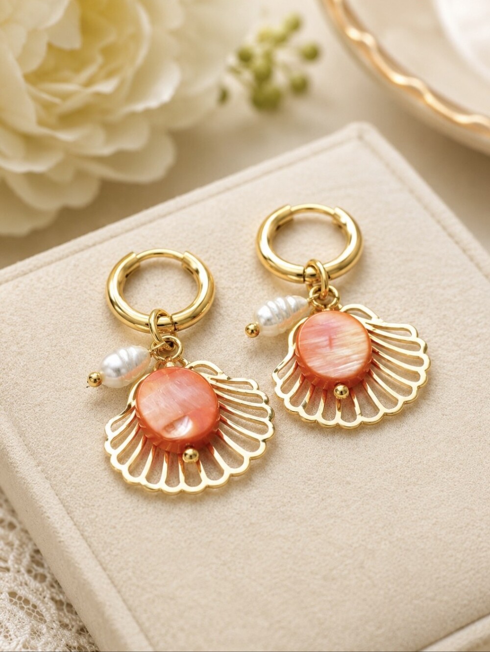 18k Gold plated Orange Mother Of Pearl And Rice Pearl Beads Hoop Earrings